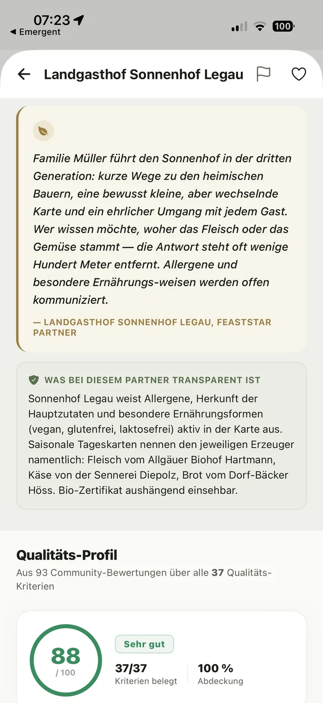 Feaststar Restaurant-Detail — Founder-Quote, Transparenz-Beschreibung und Qualitäts-Profil 88/100
